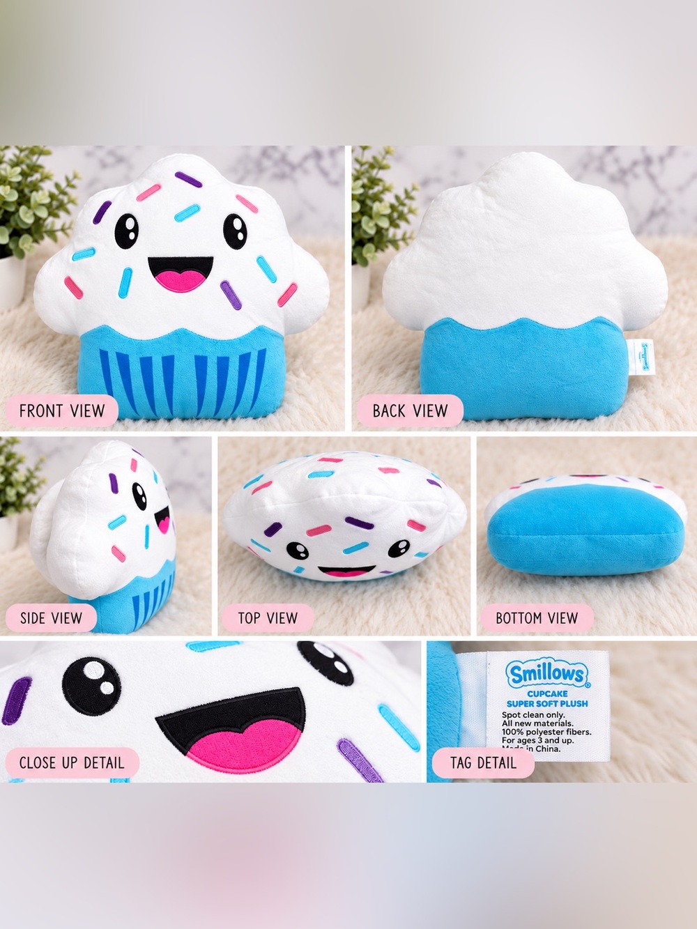 Smillows Cupcake Scented Super Soft Plush Pillow 12” Blue White Kawaii